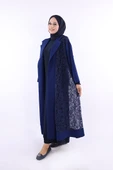 Yakalı Dantel Güpür Detay Abaya 7830 Lacivert thumbnail 2