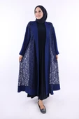 Yakalı Dantel Güpür Detay Abaya 7830 Lacivert thumbnail 1