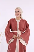 Nakış İşleme Detaylı Bel Kuşaklı Abaya 7901 Gül Kurusu - 5