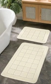 Doğal Kaymaz Taban Banyo Paspas Seti Uzun Ömürlü Yumuşak Dokulu Su Emici Yıkanabilir Kareli Set 50x80-50x40 - 7