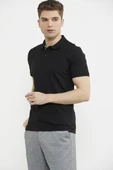Detaylı Polo Yaka Kısa Kol Tişört - Siyah thumbnail 3