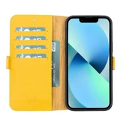 Apple iPhone 13 Pro Uyumlu Deri Cüzdanlı Kılıf Limon Sarı - 1