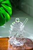 Kaşıklı Borosilikat Cam Bal Kavanozu - Kapaklı Boncuk Şekilli Reçellik Bal Reçel Kavanozu 400ml - 1