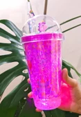 Çiçekli Şato Temalı Suluk Pipetli Buzlu Cam Görünümlü Led Işıklı 450 ML Çift Katman Mika 2768 - 3