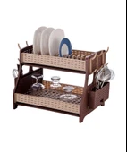 Omnipazar SY-5520 Plastik Hasır Çift Katlı Bulaşık Kurutmalık Tabaklık Kahverengi - 1