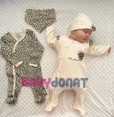 Açık Kahve Leopar Desenli Kız Bebek 4'lü Tulum Seti - 1