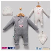 Tavşan Desenli Fiyonklu Kız Bebek 4'lü Tulum Seti 100% Pamuk - 1