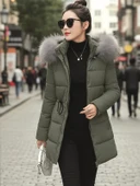 Kışlık Orta Boy Kapüşonlu Kürklü Su Geçirmez Şişme Mont co122haki thumbnail 1