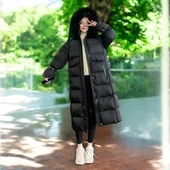 Kürk Detaylı Kapüşonlu Diz Boy Kadın Şişme Mont - 1