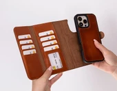 Apple iPhone 16 Pro uyumlu, Hakiki Deri, El Yapımı, Cüzdanlı Kılıf, Gölgeli Taba - 2