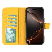 Apple iPhone 16 Pro Max uyumlu, Hakiki Deri, El Yapımı, Cüzdanlı Kılıf, Sarı - 3