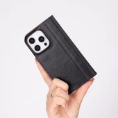 Apple iPhone 16 Pro uyumlu, Hakiki Deri, El Yapımı, Cüzdanlı Kılıf, Parlak Siyah - 4