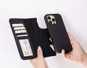 Apple iPhone 16 Pro uyumlu, Hakiki Deri, El Yapımı, Cüzdanlı Kılıf, Mat Siyah - 2