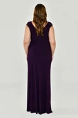 V Yaka Kısa Kollu Aksesuarlı Yırtmaçlı Uzun Abiye Elbise Alfabeta - 4