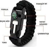 Çok Fonksiyonlu Paracord Bileklik ,Paraşüt İpi , Pusula ,Ateşleme Çakmağı ile Siyah - 3