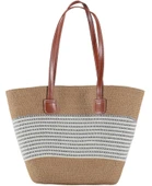 Modern Tasarım Kadın Hasır Çanta Plaj Çanta Rattan Çanta Çizgi Desen - 1