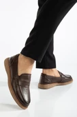 Hakiki Deri Erkek Loafer Ayakkabı Kahve Kolej Model Düz Taban thumbnail 2