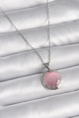 316L Çelik Gümüş Renk Daire Pembe Sedefli Model Kadın Kolye - 1