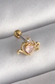 316L Çelik Gold Renk Pembe Mineli Kalp Zirkon Taş Detay Tragus Piercing - 1