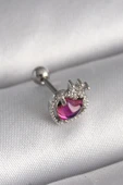 316L Çelik Gümüş Renk Pembe Mineli Kalp Zirkon Taş Detaylı Taç Tragus Piercing - 1