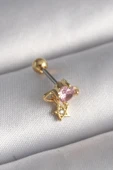 316L Çelik Gold Renk Pembe Zirkon Taşlı Sallantı Yıldız Detay Tragus Piercing - 1