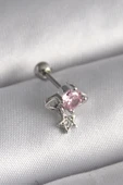 316L Çelik Gümüş Renk Pembe Zirkon Taşlı Sallantı Yıldız Detay Tragus Piercing thumbnail 1