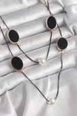Pirinç Siyah Renk Zincir İnci Detaylı Çoklu Kadın Kolye - 1