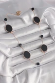 Pirinç Gold Renk Siyah Renk Oval Siyah Küp Detay Kadın Kolye - 2