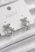 Pirinç Gümüş Renk Zirkon Taşlı 2'Li Çiçek Model Kadın Küpe - 1