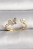 Pirinç Gold Renk Zirkon Taş Detaylı Beyaz Mineli Kelebek Model İnci Detay Ayarlanabilir Yüzük - 1