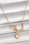 316L Çelik Gold Renk Zincir Zirkon Taşlı Düğüm Sallantı Kalp Model Kadın Kolye - 1