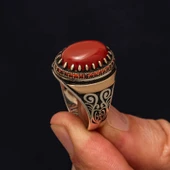 Gümüş Kırmızı Akik Taşlı Desenli Erkek Yüzük - 1