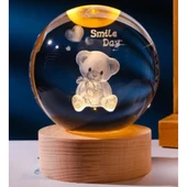 Dekoratif Ayıcık Tasarımlı Ahşap Altlıklı Işıklı Cam Küre Büyük Boy Cam:8cm Ahşap:2cm - 1