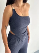Asimetrik Crop Pantalon Ikili Takım - Lacivert - 1