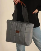 kadın gri kapitone el kol ve omuz  çanta - 1