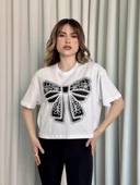 Oversize Beyaz baskılı crop tişört - 1