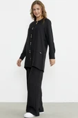 Keten Görünümlü Gömlek Pantolon Takım - Siyah - 5