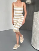 Cizgili Triko Askılı Elbise- Bej thumbnail 1