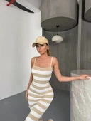 Cizgili Triko Askılı Elbise- Bej thumbnail 4