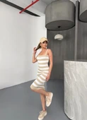 Cizgili Triko Askılı Elbise- Bej thumbnail 3