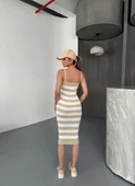 Cizgili Triko Askılı Elbise- Bej thumbnail 6