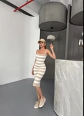 Cizgili Triko Askılı Elbise- Bej thumbnail 2