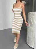 Cizgili Triko Askılı Elbise- Bej thumbnail 5
