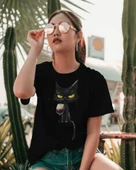 Şarap ve Kedi Baskılı  Kadın Tişört   Cool ve Eğlenceli Stil - 2