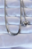 316L Çelik Gümüş Renk Küp Zincirli Kalpli Kolye - TJ-BKO9258 - 1