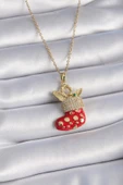 316L Çelik Gold Renk Zincir Zirkon Taşlı Kırmızı Yılbaşı Çorabı Figür Yaprak Detay Kadın Kolye - TJ-BKO9440 - 1