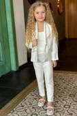 Kız Çocuk Yaka Kenarları İnci Taş İşlemeli Blazer Ceket Kolsuz Penye Crop Beyaz Alt Üst Takım thumbnail 2
