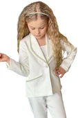 Kız Çocuk Yaka Kenarları İnci Taş İşlemeli Blazer Ceket Kolsuz Penye Crop Beyaz Alt Üst Takım thumbnail 9