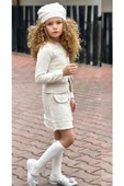 Kız Çocuk Kenarları İnci Taş İşlemeli Triko Ceket Cep Detaylı Ekru Etekli Takım thumbnail 4
