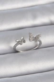 Pirinç Gümüş Renk Ayarlanabilir Zirkon Taşlı Kelebek Model Kadın Yüzük - TJ-BYK3375 - 1